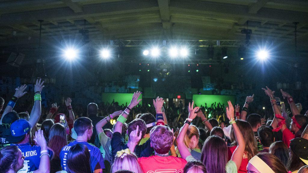 Morale Captains and UIDM participants celebrate the halfway point with Bon Jovis Livin on a Prayer and during the halfway point in UI Dance Marathon 24 at the IMU on Saturday, Feb. 3, 2018. (Ben Allan Smith/The Daily Iowan)