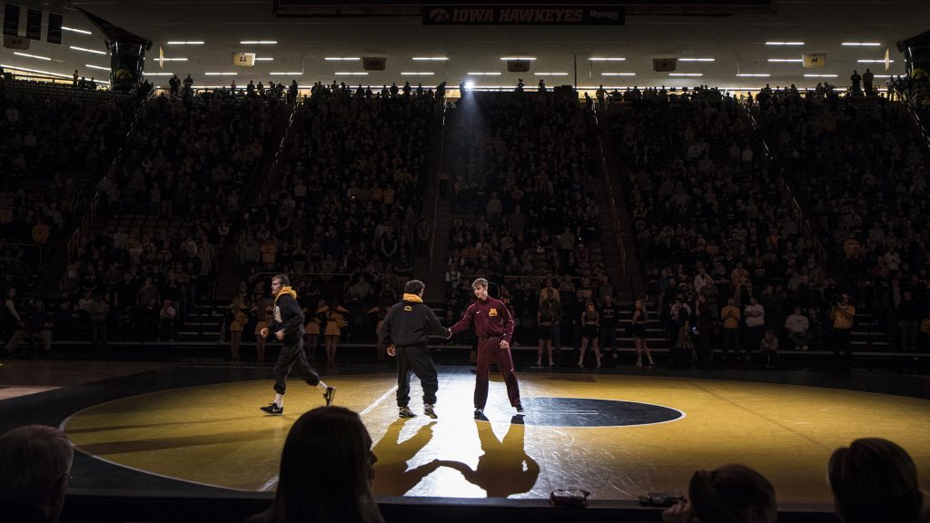 Wrestlers+shake+hands+during+the+NCAA+wrestling+match+between+Iowa+and+Minnesota+at+Carver-Hawkeye+Arena+on+Friday%2C+Feb.+2%2C+2018.+The+Hawkeyes+defeated+the+Golden+Gophers+34-7.+%28Ben+Allan+Smith%2FThe+Daily+Iowan%29