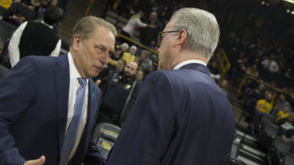 Iowa+head+coach+Fran+McCaffery+%28right%29+and+Michigan+State+head+coach+Tom+Izzo+meet+before+a+basketball+game+between+Iowa+and+Michigan+State+at+Carver-Hawkeye+Arena+on+Tuesday%2C+Feb.+6%2C+2018.+The+Hawkeyes+were+defeated+by+the+visiting+Spartans%2C+96-93.+%28Shivansh+Ahuja%2FThe+Daily+Iowan%29