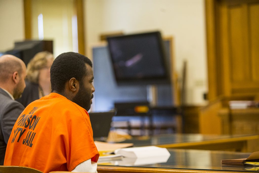 Lamar Wilson of Iowa City sits in the court room during a case management hearing for Lamar Wilson vs. Johnson County in the Johnson County courthouse on Oct. 27, 2017. Wilsons lawyers asked the judge to dismiss charges against him using Iowa’s “stand your ground” defense. 