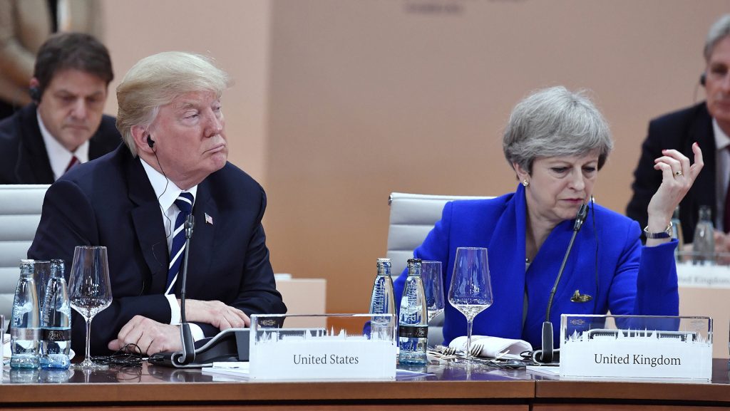 U.S. president Donald Trump and British prime minister Theresa May at the first working session of the G20 summit in Hamburg, Germany, on July 7, 2017. (John MacDougall/Pool/DPA/Abaca Press/TNS)