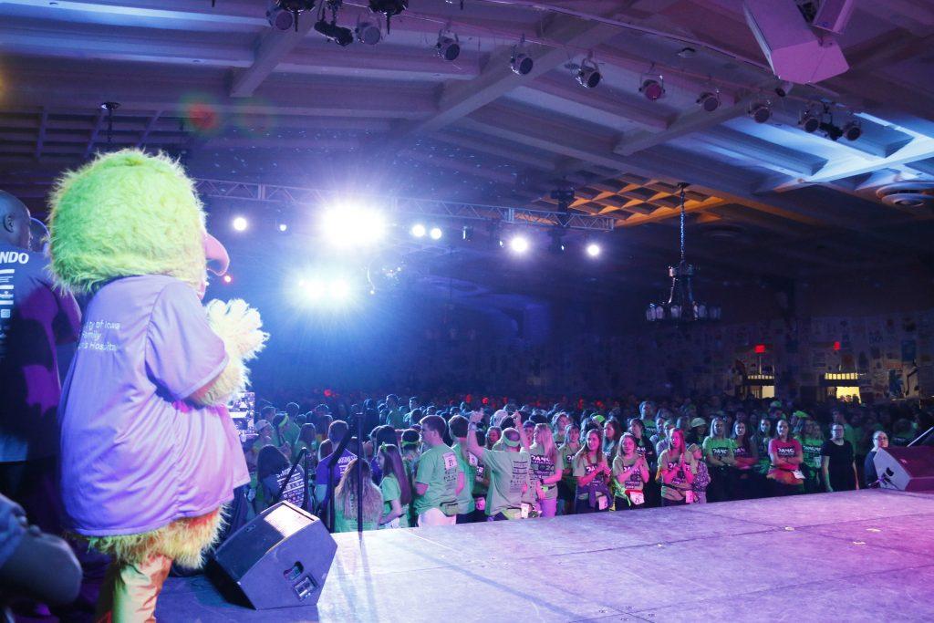Perky, the University of Iowa Childrens Hospital mascot stands in front of the audience during Dance Marathon 24 at the Iowa Memorial Union on Friday, Jan. 28, 2018. Dance Marathon raises money for pediatric cancer research. (Katina Zentz/The Daily Iowan)