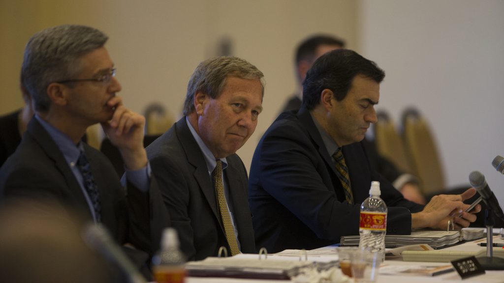 University of Iowa President Bruce Harreld listens during a meeting in the Reiman Ballroom of the ISU Alumni Center in Ames on Wednesday, Feb. 22, 2017. The Board of Regents will have a full board meeting on Feb. 23. (The Daily Iowan/Joseph Cress)