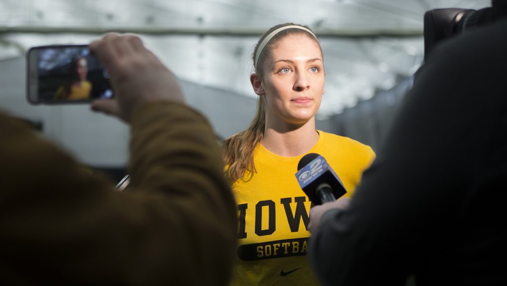 Iowa+pitcher+Allison+Doocy+speaks+to+the+media+during+softball+media+day+at+the+Hawkeye+Tennis+and+Recreation+Complex+on+Thursday%2C+Feb.+1%2C+2018.+The+Hawkeyes+begin+the+regular+season+on+Feb.+9+against+UIC%2C+in+Lafayette%2C+LA.+%28Lily+Smith%2FThe+Daily+Iowan%29