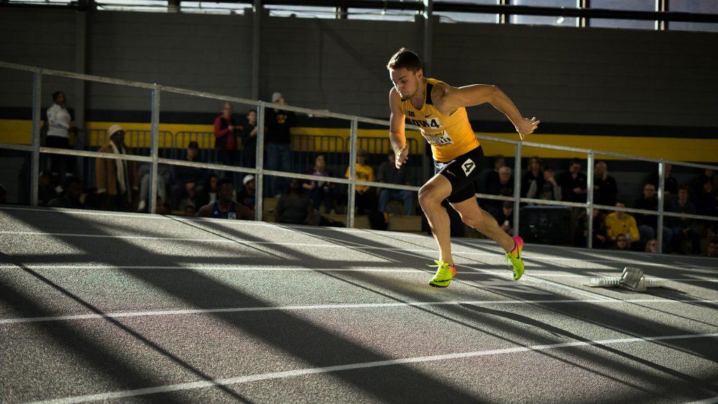 Loras Patrick Mikel takes off from his mark during the 400m dash at the Black and Gold Premier on Jan. 27, 2018. The track and field team will head to Notre Dame this weekend for the Alex Wilson Invitational. (Matthew Finley/The Daily Iowan)