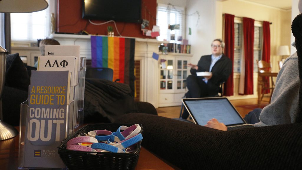 Employees discuss issues concerning the LGBT community in the UI LGBT Resource Center on Feb. 7, 2018. Representatives from Student Legal Services, the UI LGBT Clinic, and Student Health Services spoke about the resources that would available to trans individuals on campus. (Katina Zentz/The Daily Iowan)