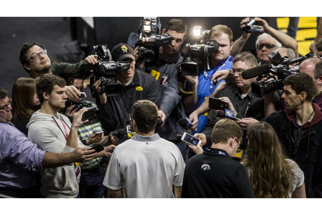 Iowa head coach Tom Brands speaks to the media following the Iowa vs. Northwestern dual meet on Sunday, Feb. 4, 2018. The Hawkeyes defeated the wildcats 33-2. (Nick Rohlman/The Daily Iowan)