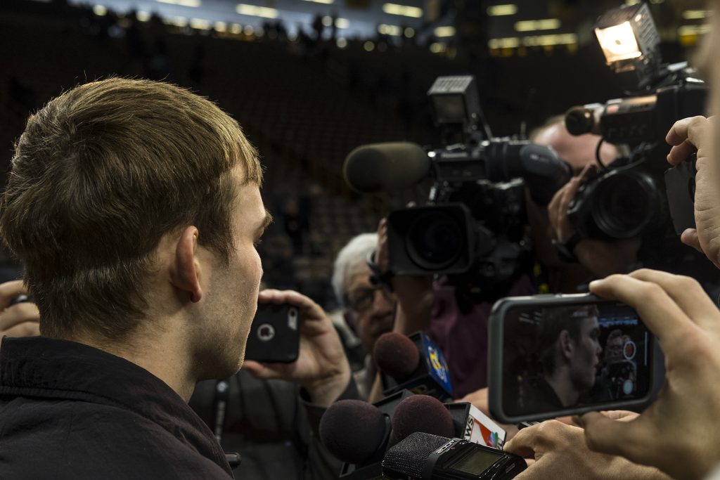 Iowa’s #2 ranked 149 pound Brandon Sorenson speaks to the media after the Iowa vs. Northwestern dual meet on Sunday, Feb. 4, 2018. Sorenson, a senior won a 5-4 decision on senior night against #5 ranked Ryan Deakin to close out his home career at Iowa. The Hawkeyes defeated the wildcats 33-2. (Nick Rohlman/The Daily Iowan)