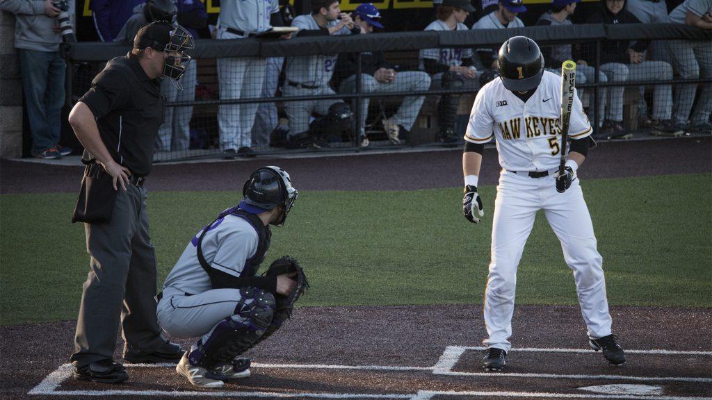 Iowas+designated+hitter+Tyler+Cropley+gets+ready+to+swing+during+mens+baseball+Iowa+vs.+Cornell+at+Duane+Banks+Field+on+Feb.+27%2C+2018.+The+Hawkeyes+defeated+Cornell+15-1.+%28Katina+Zentz%2FThe+Daily+Iowan%29