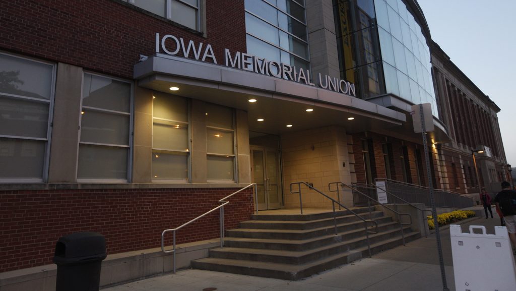 The Iowa Memorial Union glows in the evening Monday, Oct. 9th 2017.