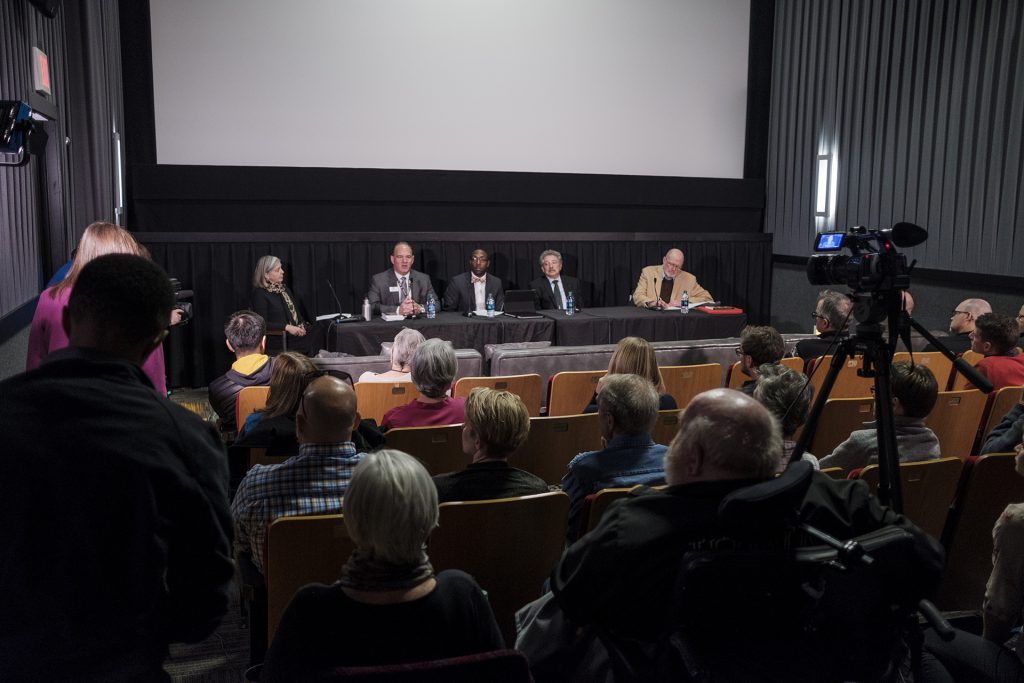 Mayors+Ron+Corbett+of+Cedar+Rapids%2C+Quentin+Hart+of+Waterloo%2C+Paul+Soglin+of+Madison%2C+Wisconsin%2C+and+Jim+Throgmorton+of+Iowa+City+speak+during+a+panel+at+Film+Scene+in+Iowa+City+on+Friday%2C+Dec.+1%2C+2017.+The+mayors+addressed+issues+including+housing%2C+transportation%2C+and+job+creation+and+how+their+cities+have+worked+to+meet+the+needs+of+their+residents.+%28Nick+Rohlman%2FThe+Daily+Iowan%29