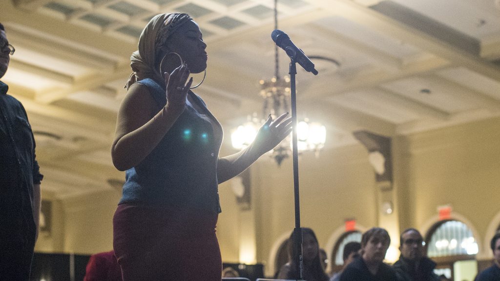 Student, Brooke Kimbrough, poses a question on racial inequality and First Amendment rights at the IMU on Tuesday, March 28, 2017. The University held a Free Speech Day, a forum of guest speakers discussing the importance of the First Amendment. (The Daily Iowan/Ben Smith)