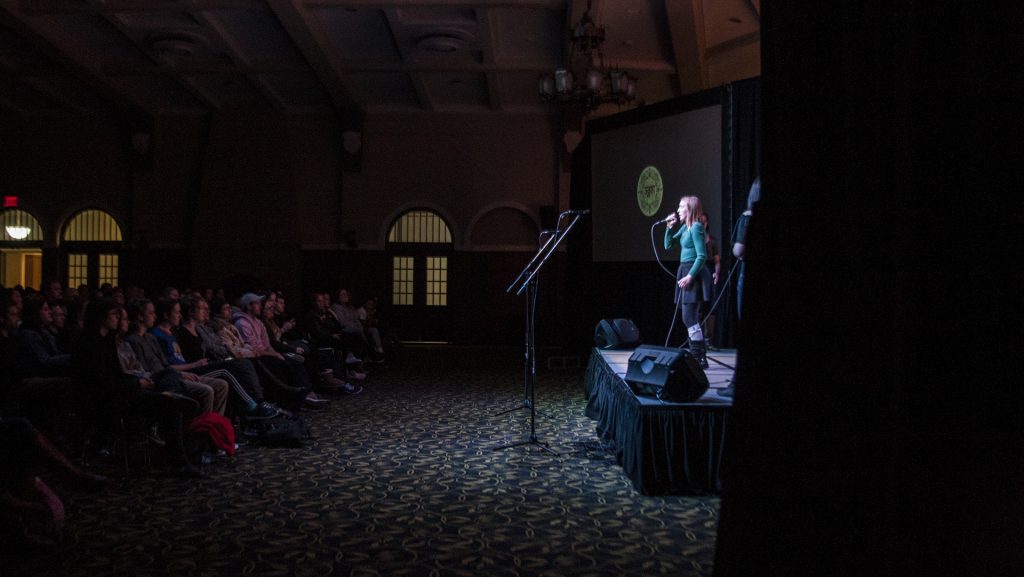 Soloist from Agni performs as audience watches during the Acapella Fall Festival in the IMU Main Lounge on Monday, Nov. 13, 2017. The four groups performed a mix of the Penatonix, Hozier, Sia, and Florence and the Machine. (Katie Goodale/The Daily Iowan)