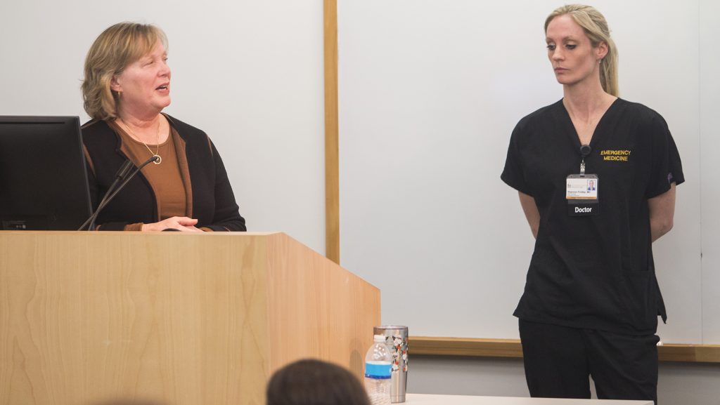Pamela Terrill, NP (left) and Shannon Findlay, MD (right) answer questions during Human Trafficking: Be Prepared to Intervene at the Carver College of Medicine on March 26, 2018. The event covered ways to identify human trafficking and how healthcare providers can intervene. (Katina Zentz/The Daily Iowan)