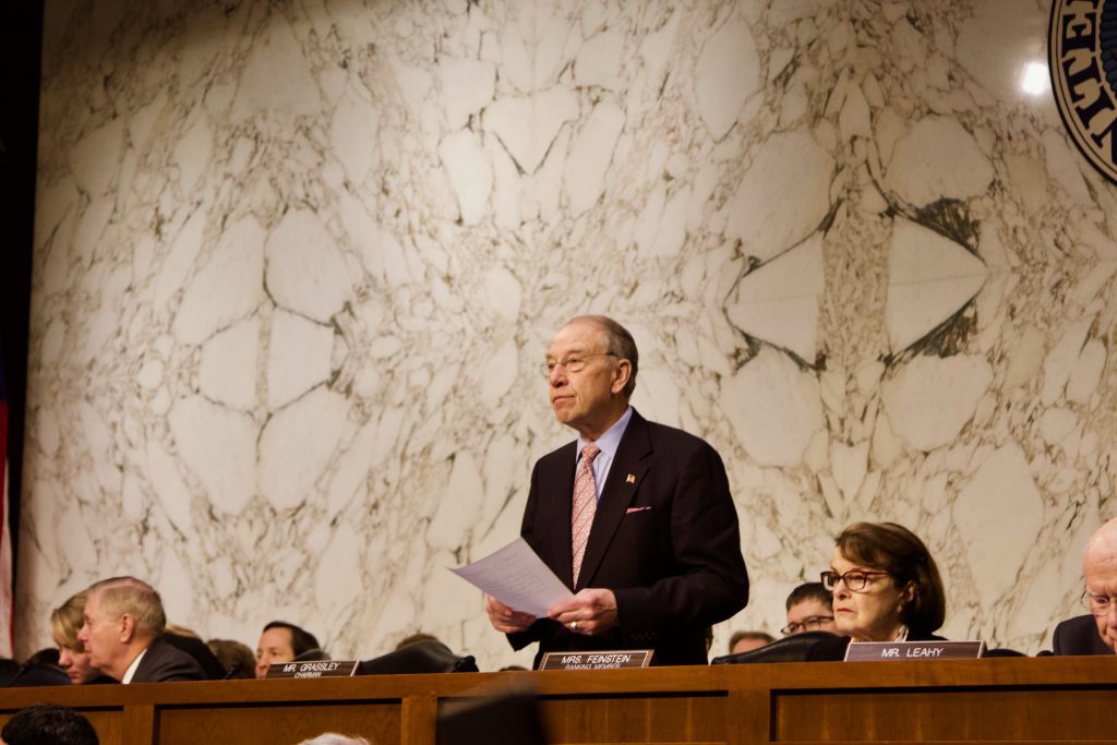 Senate Judiciary Committee Chairman Chuck Grassley, R-Iowa, stands at a hearing March 14 addressing oversight in the Parkland, Florida, school shootings, in which 17 people died. 