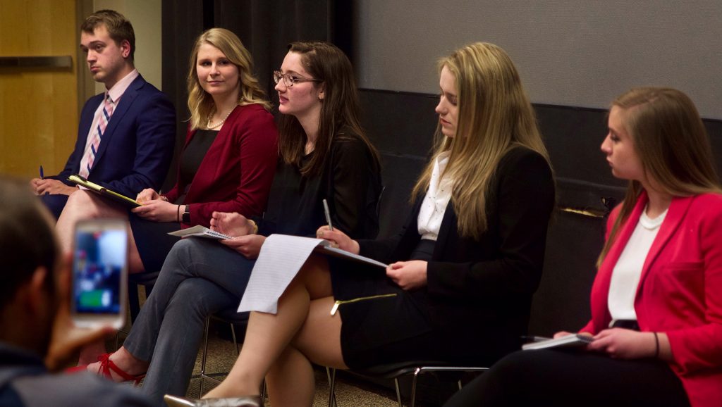 Student candidates speak at the Independent Senator Forum at the IMU on Monday, March 26. The UISG election period starts March 28. (The Daily Iowan/Olivia Sun)