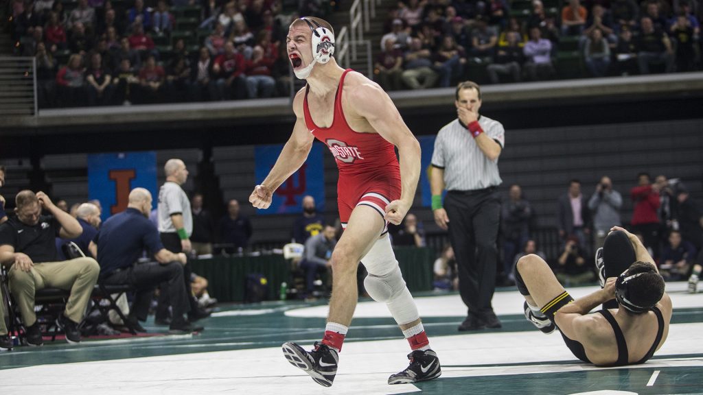 Ohio States 157-pound Micah Jordan defeats Iowas #1 ranked Michael Kemerer during Big Ten Wrestling Championships Day 1 at the Breslin Student Events Center in East Lansing, MI on Saturday, Mar. 3, 2018. Jordan pinned Kemerer in 5:48. (Ben Allan Smith/The Daily Iowan)