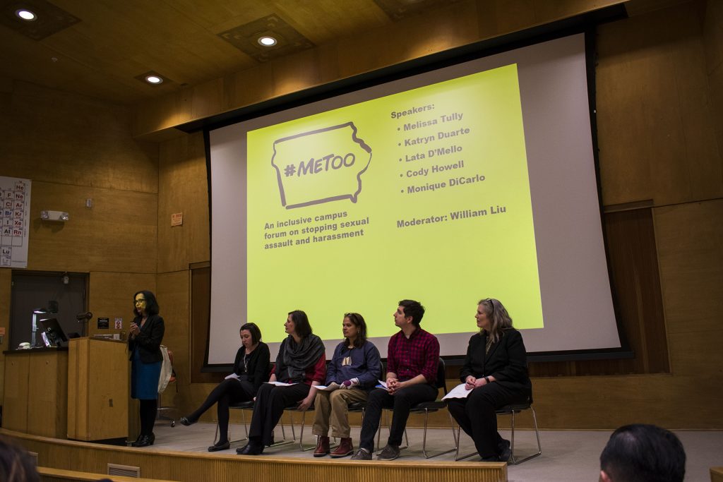 Five knowledgable speakers in the Iowa City area sat down at the Me Too Iowa forum in Shambaugh Auditorium on Thursday, Mar. 1, 2018. Audience members listened and discussed ways to alleviate the threats of sexual assault and harassment. (Sid Peterson/The Daily Iowan)