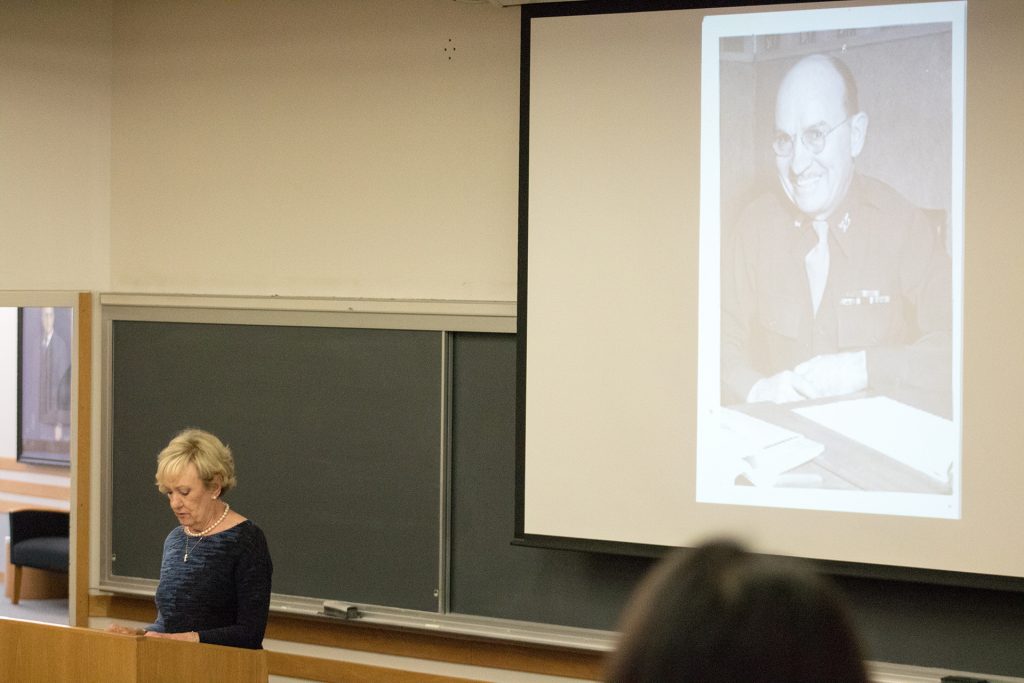 Judy Hamilton Crockett presents on the life of her father, Major Clarence E. Hamilton, in the Boyd Law Building on Thursday, March 29, 2018. Major Hamilton was an Iowa Law student, and graduated in 1921. (Shivansh Ahuja/The Daily Iowan)