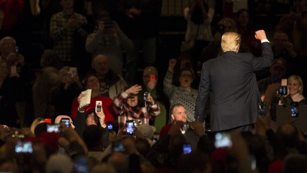 President-Elect Donald J. Trump gestures while thanking fans after an event for President-Elect Donald J. Trump and Vice President-Elect Mike Pence in Des Moines on Thursday, Dec. 8, 2016. Trump and Pence are completing a Thank You tour across the country. (The Daily Iowan/Joseph Cress)