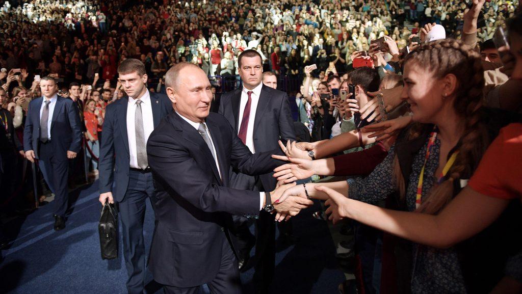 Russian President Vladimir Putin, middle, meets with the participants in the Forward Together national forum of student clubs at Tatneft Arena in Kazan, Russia, on January 25, 2018. (Nikolsky Alexei/TASS/Zuma Press/TNS)