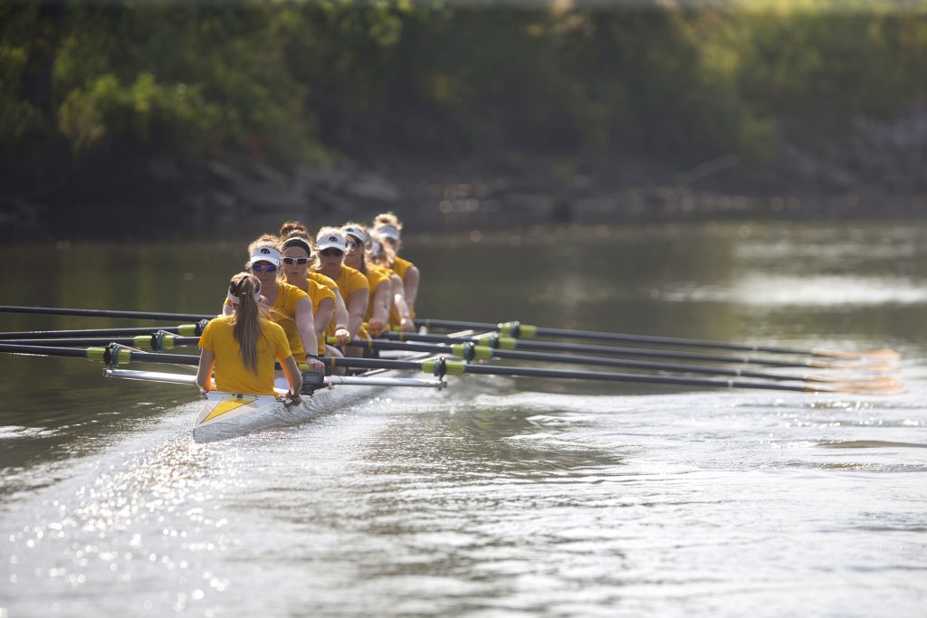 Iowas rowing team practices on the Iowa River on Friday, Sept. 15, 2017. The rowing team recently finalized their schedule, with two home competitions on Oct. 6 and 7. (Lily Smith/The Daily Iowan)