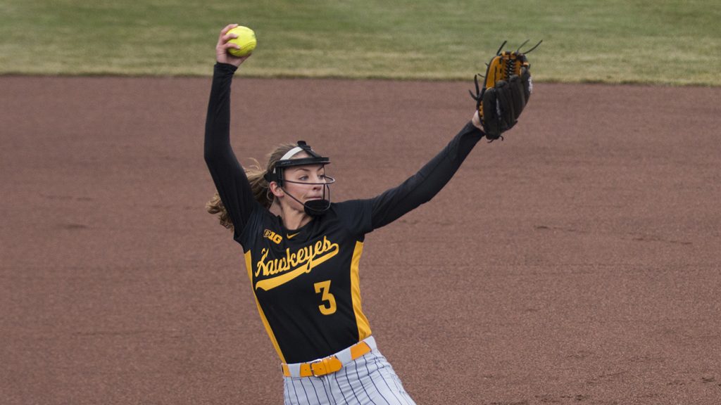 Iowa pitcher Allison Doocey prepares to throw the ball during womens softball Iowa vs. Drake at Bob Pearl Field on March 28, 2018. The Bulldogs defeated the Hawkeyes 3-1. (Katina Zentz/The Daily Iowan)