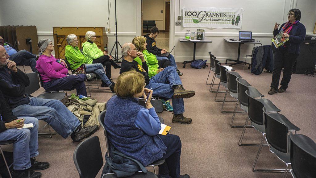 UI Professor of Urban and Regional Planning, Lucie Laurian, gives a presentation on protecting farms and supporting local food production at the Iowa City Senior Center on Monday, March 26, 2018. (James Year/The Daily Iowan)