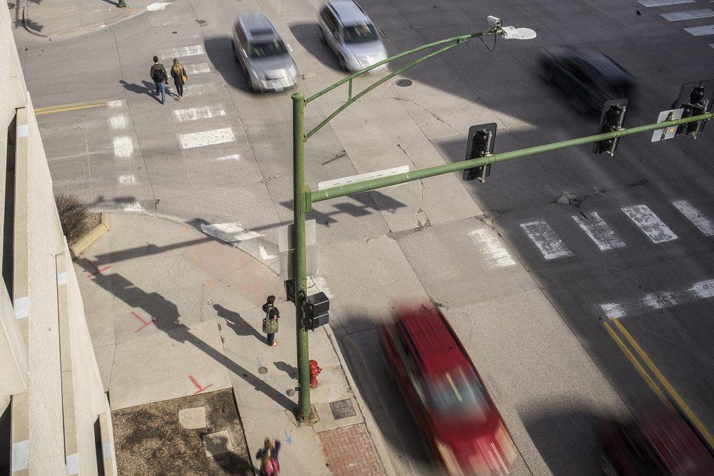 The busy intersection of Clinton and Burlington Streets as seen on Thursday, March 29, 2018. (James Year/The Daily Iowan)