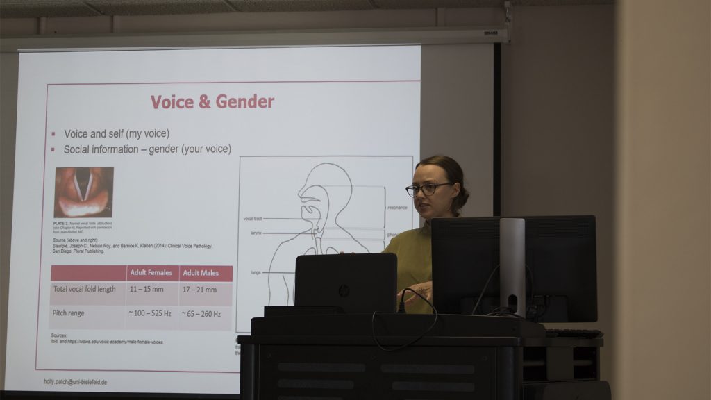 Holly Patch speaks at the Trans Vocality: singing, Gender,and Joyful Politics event at the Jefferson Building on Wednesday, March 7, 2018. The event explored western musical in terms of trans and gender non-conforming representation. (Yue Zhang/Daily Iowan)