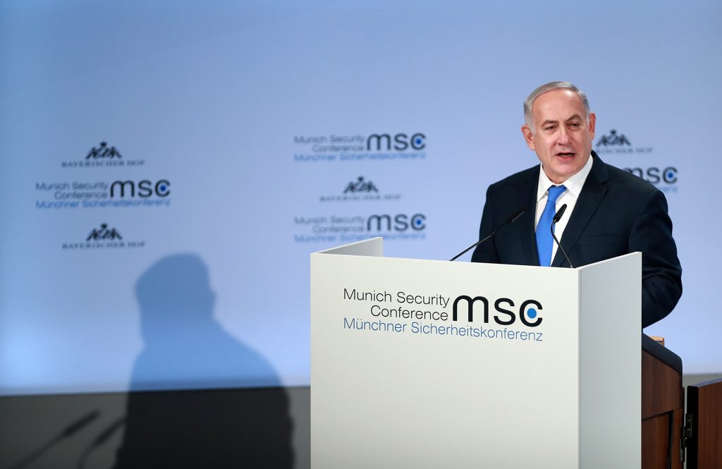 Israeli Prime Minister Benjamin Netanyahu speaks during the 54th Munich Security Conference in Munich, Germany, on Feb. 18, 2018. Netanyahu and Iranian Foreign Minister Javad Zarif bickered on Sunday at the 54th Munich Security Conference. (Luo Huanhuan/Xinhua/Sipa USA/TNS)