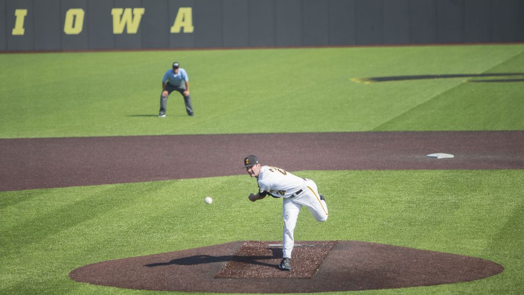 Iowas Nick Allgeyer pitches during the Iowa/Ontario baseball game at Duane Banks Field on Saturday, Sept. 23, 2017. The Hawkeyes defeated the Blue Jays, 17-2. (Lily Smith/The Daily Iowan)