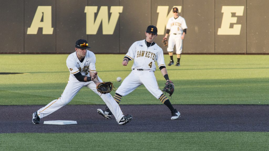 Iowa infielder Kyle Crowl catches the ball during men's baseball Iowa vs. Cornell at Duane Banks Field on Feb. 27, 2018. The Hawkeyes defeated Cornell 15-1. (Katina Zentz/The Daily Iowan)