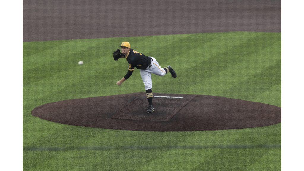 Hawkeye defeated Bradley 13-9 during men baseball game between Iowa and Bradley at Duane Banks Field on Wednesday,  March 28, 2018. Hawkeye pitcher Trenton Wallace delivers a pitch.(Yue Zhang/The Daily Iowan)