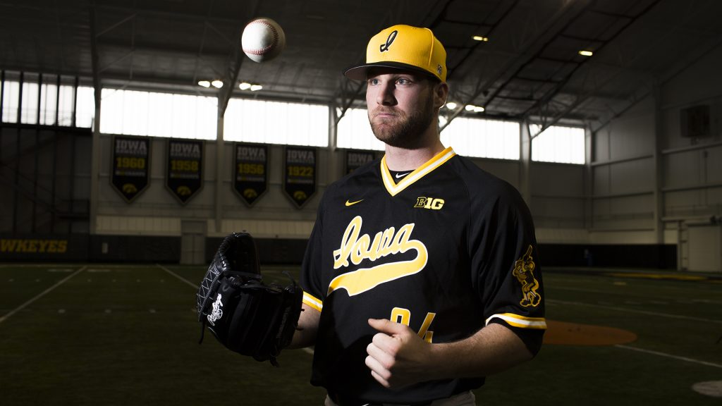 Iowa pitcher Nick Allgeyer poses for a portrait during baseball media day at the Hansen Football Performance Center on Thursday, Feb. 8, 2018. The Hawkeyes begin their season Feb. 16 against Toledo in the Diamond 9 Sunshine State Classic Series in Kissimmee, Fl. (Lily Smith/The Daily Iowan)
