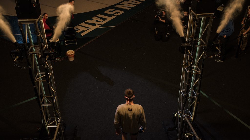 Iowas 149-pound Brandon Sorensen prepares to walk out for the finals during the Big Ten Wrestling Championships in East Lansing, MI. Sorensen ended up losing to Penn States Zane Retherford in a decision, 2-0. (Ben Allan Smith/The Daily Iowan)