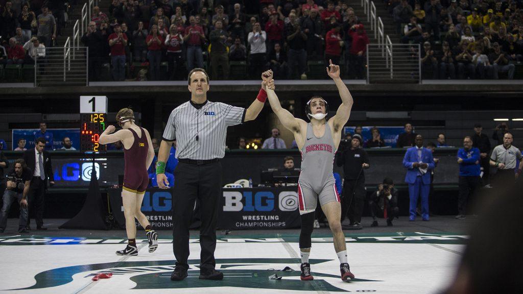Ohio+States+Nathan+Tomasello+beats+Minnesotas+Ethan+Lizak+in+the+125-pound+finals+of+the+Big+Ten+Wrestling+Championships+Day+2+at+the+Breslin+Student+Events+Center+in+East+Lansing%2C+MI+on+Saturday%2C+Mar.+4%2C+2018.+Tomasello+defeated+Lizak+by+decision%2C+10-7%2C+taking+home+first+place+in+the+tournament.+Tomasello+is+the+15th+four+time+champion+for+Big+Ten+wrestling.+%28Ben+Allan+Smith%2FThe+Daily+Iowan%29