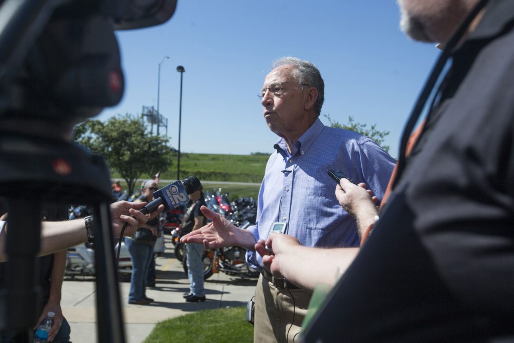 Sen. Chuck Grassley, R-Iowa, speaks with members of the media during the third annual Joni Ernst Roast and Ride fundraiser event at Big Barn Harley Davidson in Des Moines on Saturday, June, 3, 2017. (Joseph Cress/The Daily Iowan)