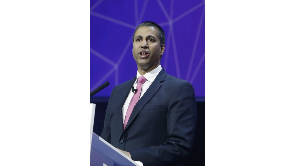 Chairman of the United States Federal Communications Commission (FCC), Ajit Pai, gives a speech during a conference at the Mobile World Congress (MWC) held in Barcelona, northeastern Spain, Feb. 28, 2017. (Andreu Dalmau/EFE/Zuma Press/TNS)