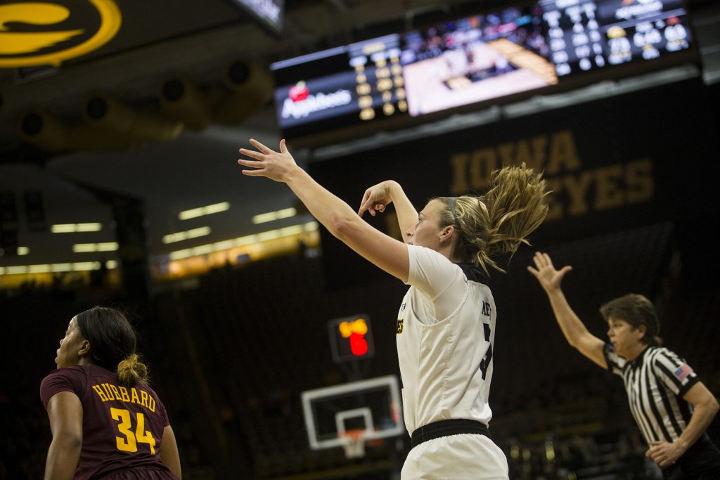 During+the+Iowa+vs.+Minnesota+basketball+game+at+Carver-Hawkeye+Arena+on+Sunday%2C+Feb.+4%2C+2018.+The+Hawkeyes+defeated+the+Golden+Gophers+92-84.+Iowa+Sophomore%2C+Makenzie+Meyer%2C+drains+a+three+pointer+to+increase+the+Hawkeyes+lead+at+the+end+of+the+fourth+quarter.+%28Chris+Kalous%2FThe+Daily+Iowan%29