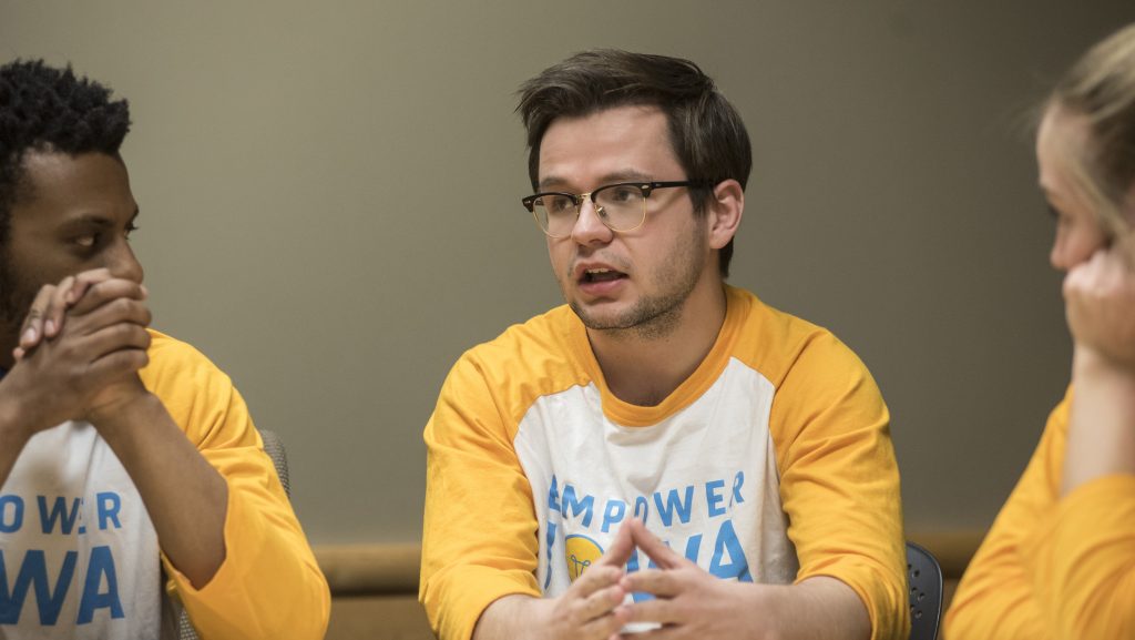 From left: Nate Robinson, Ben Nelson, and Katherine Baer, members of the UISG ticket Empower Iowa speak to the Daily Iowa editorial staff in the Adler Journalism Building on Monday, March 19, 2018. Empower Iowa is one of four groups on the ticket for the 2018-19 year UISG elections. (Ben Allan Smith/The Daily Iowan)