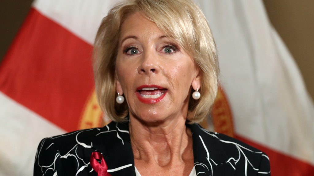 U.S. Secretary of Education Betsy Devos speaks during a news conference at the Marriot Heron Bay in Coral Springs, Fla., after meeting with students at Marjory Stoneman Douglas High School in Parkland on Wednesday, March 7, 2018. (Amy Beth Bennett/Sun Sentinel/TNS)
