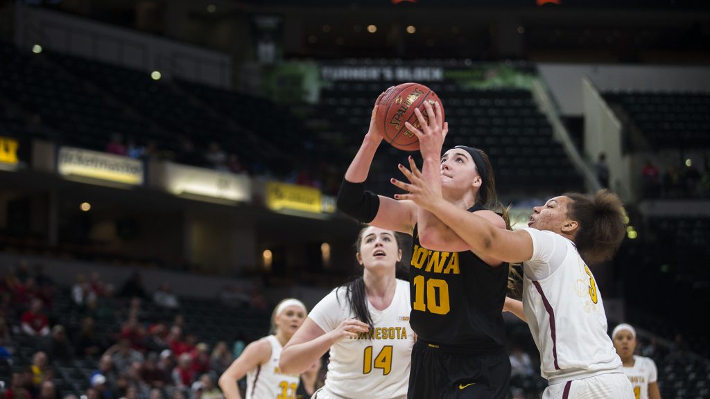 Iowa+forward+Megan+Gustafson+attempts+a+shot+during+the+Iowa%2FMinnesota+Big+Ten+tournament+basketball+game+at+Bankers+Life+Fieldhouse+in+Indianapolis+on+Friday%2C+March%2C+2%2C+2018.+The+Golden+Gophers+defeated+the+Hawkeyes%2C+90-89.+%28Lily+Smith%2FThe+Daily+Iowan%29