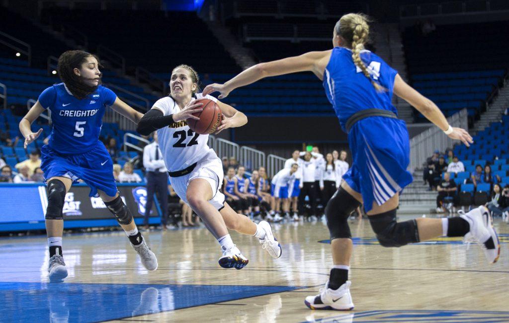 Iowa guard Kathleen Doyle drives to the hoop during the Iowa/Creighton NCAA tournament first round basketball game at Pauley Pavilion on UCLAs campus in Los Angeles on Saturday, March 17, 2018. The Bluejays defeated the Hawkeyes, 76-70. (Lily Smith/The Daily Iowan)