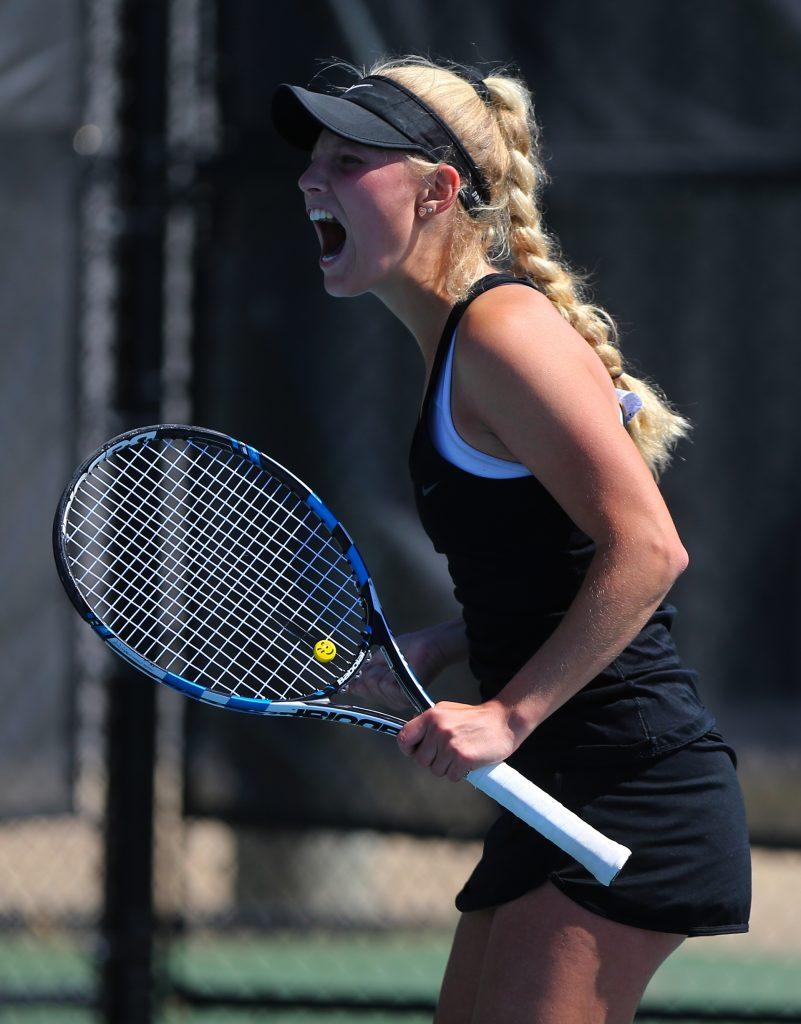 Iowa sophomore Kristen Thoms reacts to a point during the match between the Huskers and Hawkeyes at the Hawkeye Tennis and Recreation Complex on Saturday, April 22, 2017. Nebraska defeated the Hawkeyes in doubles 2-1 but the Hawkeyes rallied back to win the singles 4-2. (The Daily Iowan/ Alex Kroeze)