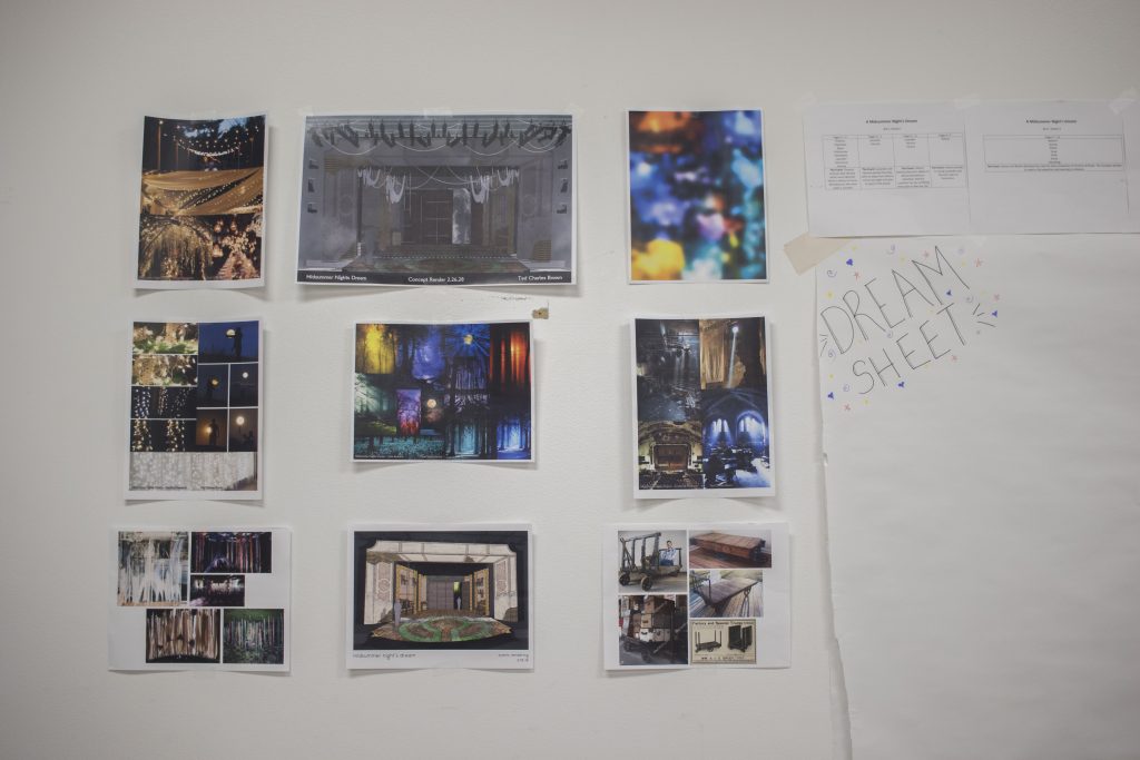 A wall of concept photos is seen during an A Midsummer Night's Dream rehearsal in the Old Museum of Art on Tuesday, February 27, 2018.