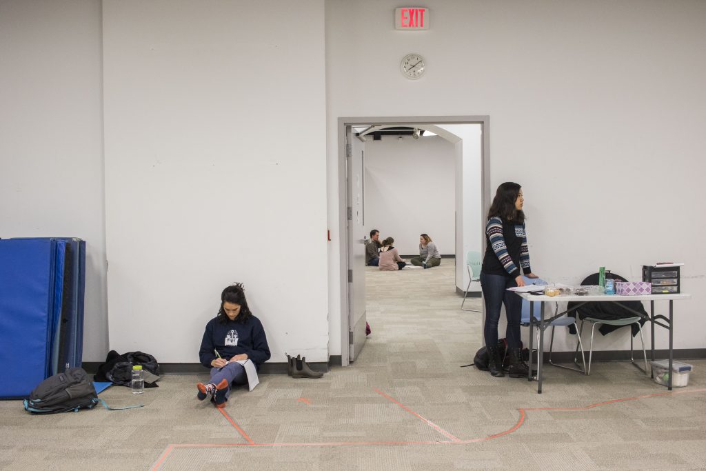 Actors review lines during an A Midsummer Night's Dream rehearsal in the Old Museum of Art on Tuesday, February 27, 2018.