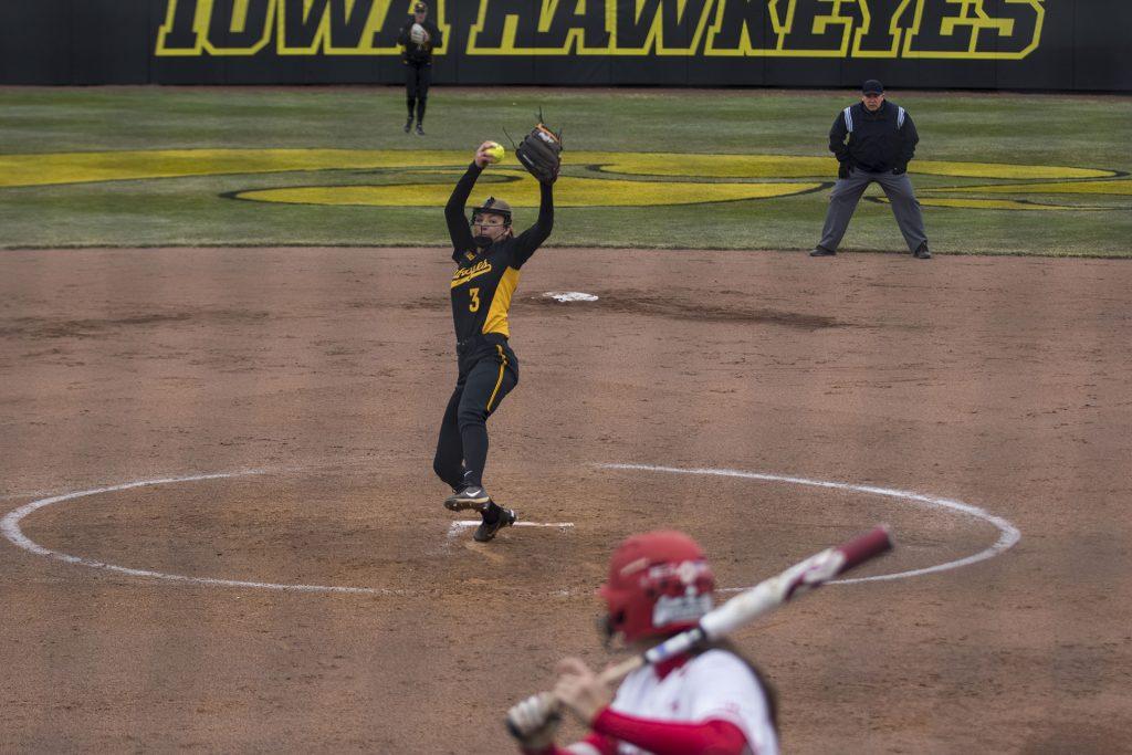 Iowa's Allison Doocy pitches during the Iowa/Wisconsin softball game at Bob Pearl Field  on Sunday, April 8, 2018. The Hawkeyes defeated the Badgers in the third game of the series, 5-3. (Lily Smith/The Daily Iowan)