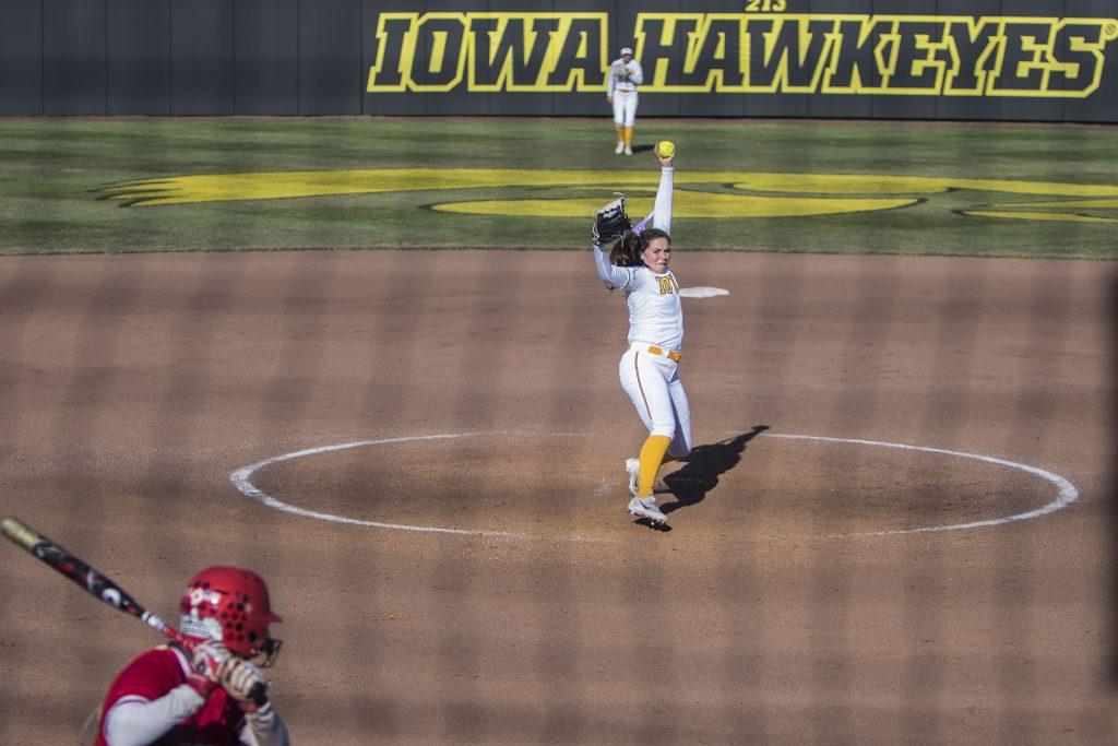 Iowa's Lauren Shaw pitches during the Iowa/Wisconsin softball game at Bob Pearl Field  on Saturday, April 7, 2018. The Hawkeyes defeated the Badgers in the second game of the series, 4-3. (Lily Smith/The Daily Iowan)