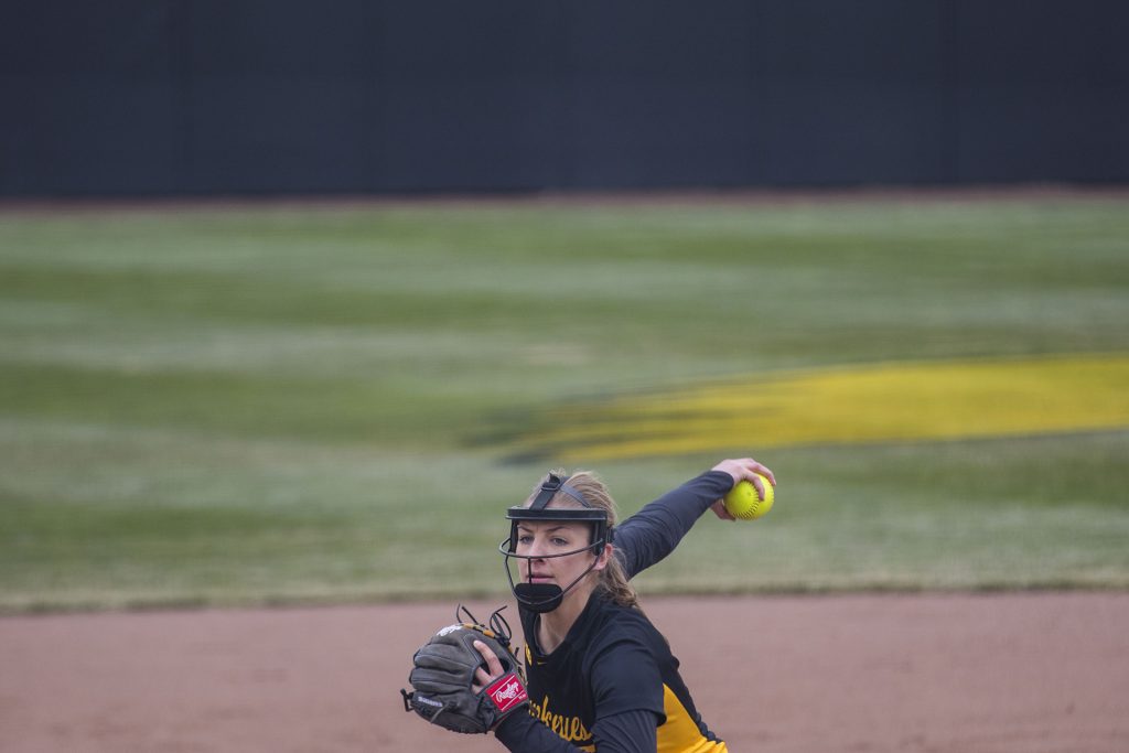 during the Iowa/Wisconsin softball game at Bob Pearl Field  on Sunday, April 8, 2018. The Hawkeyes defeated the Badgers in the third game of the series, 5-3. (Lily Smith/The Daily Iowan)